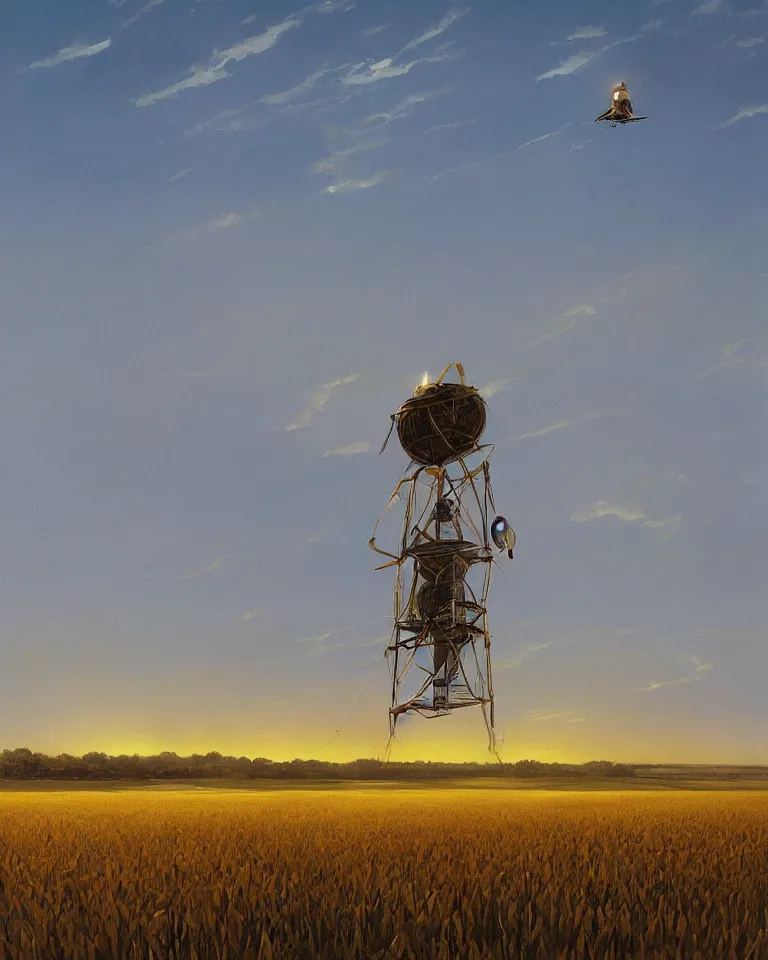 Image similar to wide shot of a tall and thin stepped object hovering vertically in the air ten feet above a cornfield, late afternoon, golden hour, dramatic lighting, cinematic, highly detailed, smooth, sharp focus, concept art by greg rutkowski and john berkey and syd mead