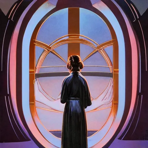 Image similar to princess leia, 1 9 3 0 s goddess, in front of round, art deco death star window, iconic, decorated by fritz lang and ralph mcquarrie, hyperrealistic full figure, by george tooker, fantasy art, intricate detailing, dynamic lighting, artstation, full figure poster, very detailed face, 4 k,