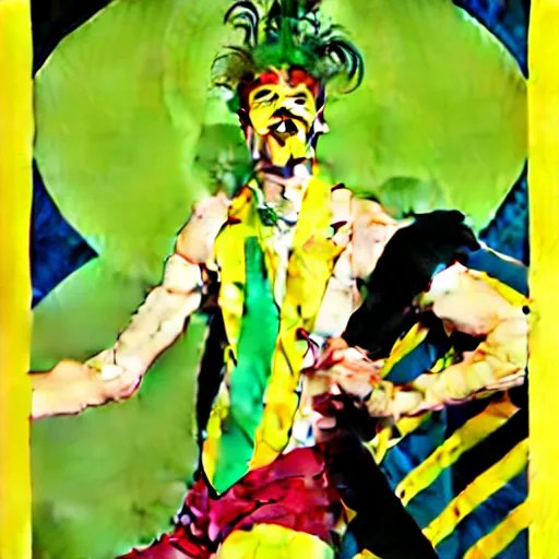 Prompt: art by joshua middleton, the yellow creeper, a tall manically smiling yellow - skinned man with green and black striped cycling shorts and wearing a long red feather boa, yellow makeup, mucha, kandinsky, poster, comic art, stylised design