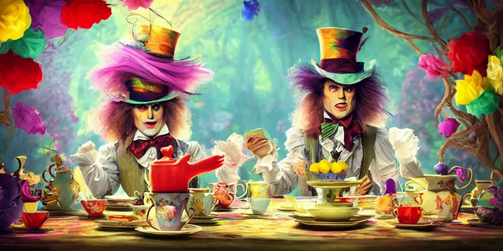 Image similar to The Mad Hatter teaparty, Alice in wonderland, colorful, wide angle, super highly detailed, professional digital painting, artstation, concept art, smooth, sharp focus, no blur, no dof, extreme illustration, Unreal Engine 5, Photorealism, HD quality, 8k resolution, cinema 4d, 3D, beautiful, cinematic, art by artgerm and greg rutkowski and alphonse mucha and loish and WLOP