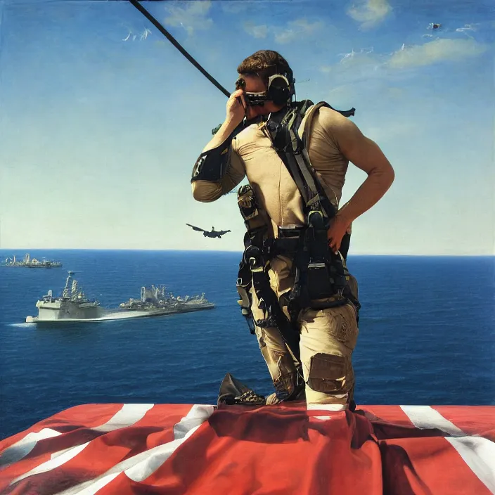 Image similar to us navy seal on aircraft carrier, fine art portrait painting, kodak portra, 8 k, soft light, clean lines, fashion photography, albrecht durer, caravaggio, diego velazquez, johannes vermeer