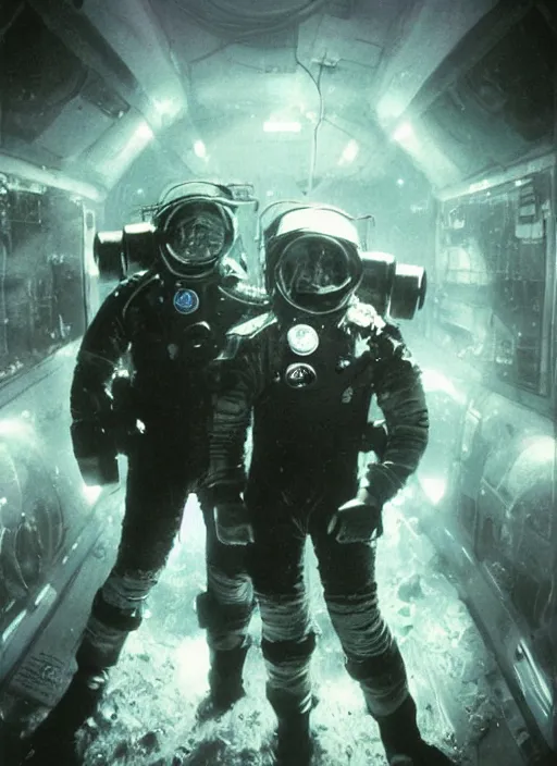 Image similar to astronauts in dark void underwater - complex and hyperdetailed technical suit. reflection and dispersion materials. rays and dispersion of light. volumetric light. f / 3 2. noise film photo. flash photography. ultra realistic, wide angle. poster by wayne barlowe, hajime sorayama aaron horkey, craig mullins