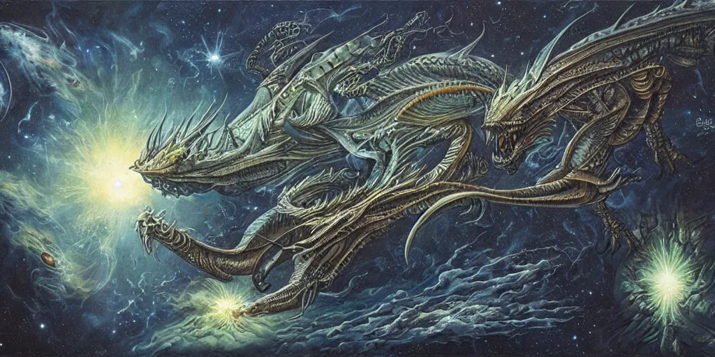 Prompt: an alien dragon flying through outer space by dan seagrave art