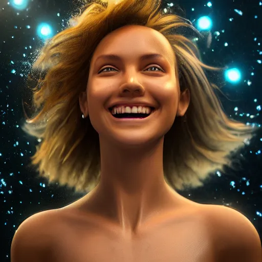 Image similar to full body pose, hyperrealistic photograph of the stardust in her smile, dim volumetric lighting, 8 k, octane beautifully detailed render, extremely hyper detailed, intricate, epic composition, cinematic lighting, masterpiece, trending on artstation, very very detailed, stunning, hdr, smooth, sharp focus, high resolution, award, winning photo, dslr, 5 0 mm