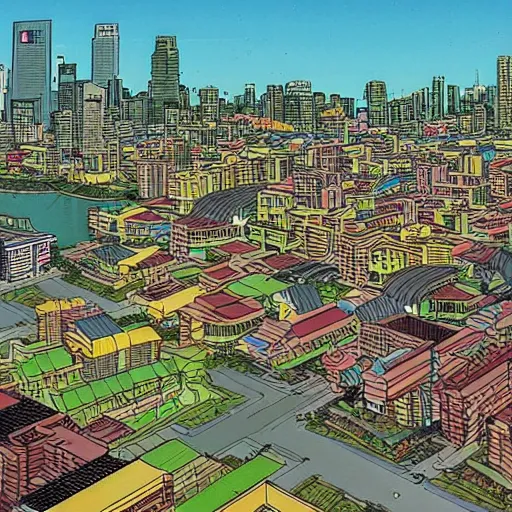 Image similar to a snapshot of a singaporean neighbourhood, by moebius