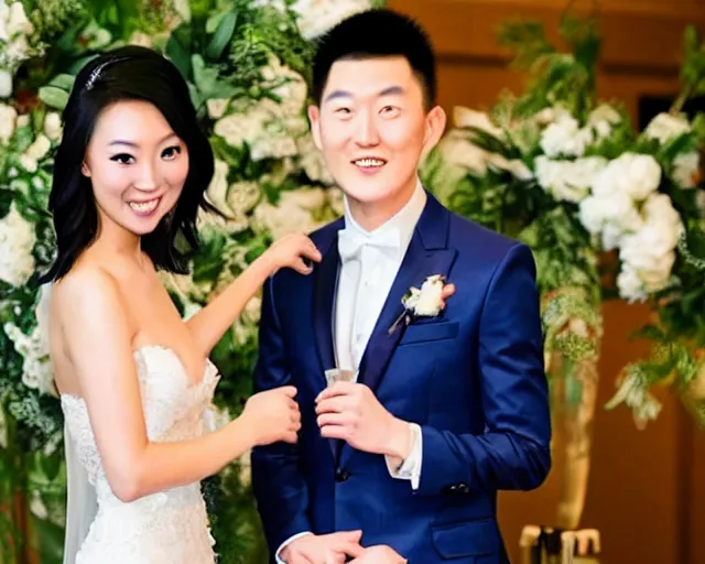 Image similar to cookie monster marrying justin sun, professional gay wedding photography