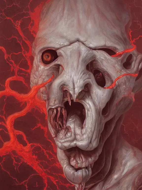 Image similar to wayne barlowe painting of a flying sorrowful looking severed human head with tears running down it's eyes, face that is chalk white in color, with long white tentacles stemming from it's neck, fiery scorching red eyes, background sprawling terrifying hellish cave with lava flowing through it's walls, 4 k