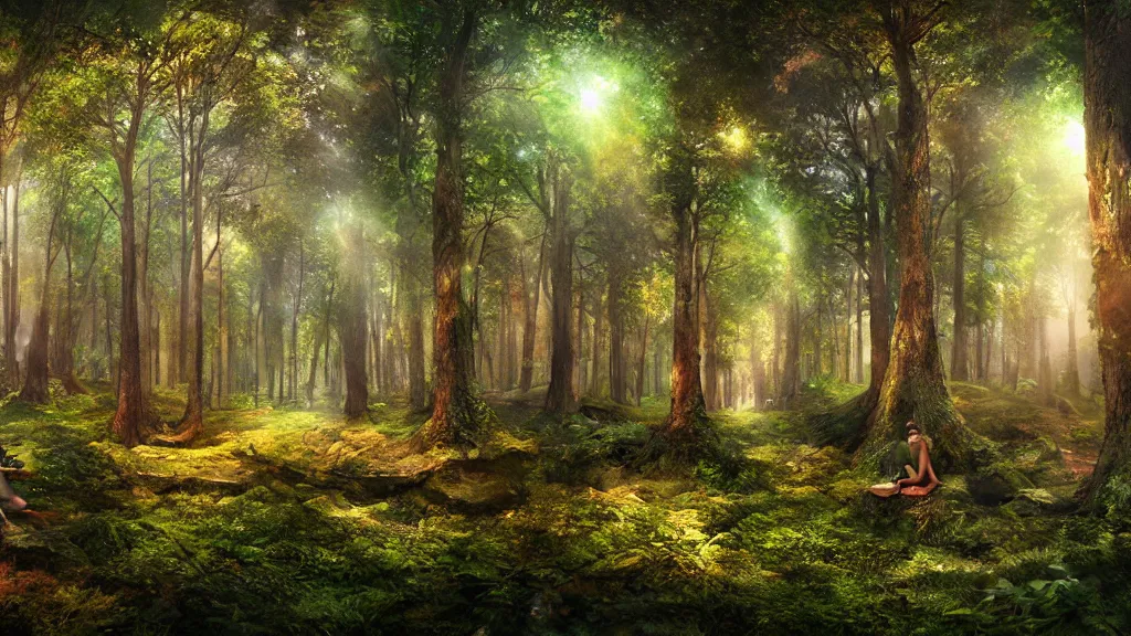 Prompt: a beautiful forest, volumetric lighting, jubilant blissful atmosphere, photorealistic, hyperdetailed 3d matte painting, hyperrealism, vibrant fantasy style, equirectangular projection