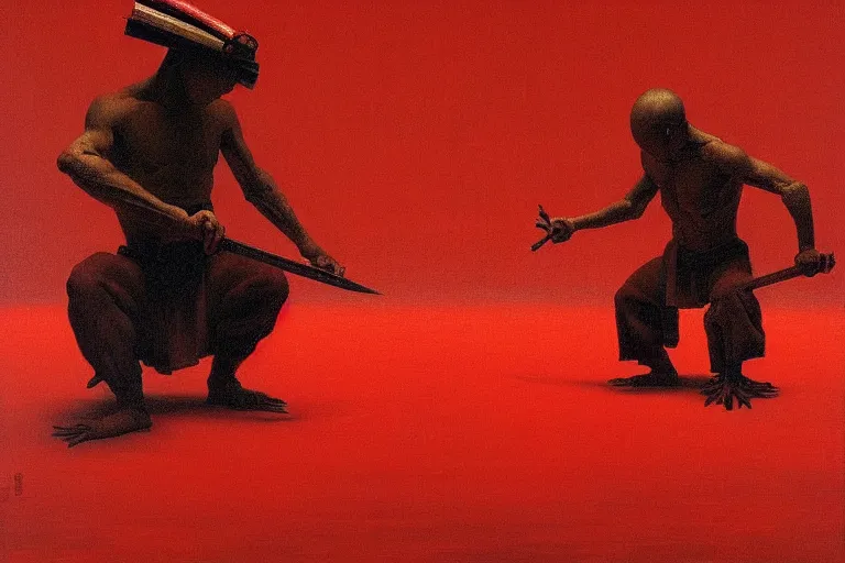 Image similar to only with red, a red samurai do seppuku, tokio, a lot of frogs watch, in the style of beksinski, parts by edward hopper, parts by rodcenko, parts by yue minjun, intricate and epic composition, red by caravaggio, insanely quality, highly detailed, masterpiece, red light, artstation, 4 k