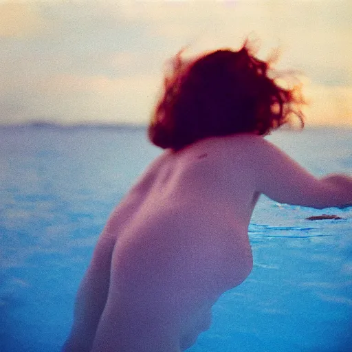 Image similar to colored photography, close-up from behind big chested woman swimming in under ocean at night, blue light, 35mm film,
