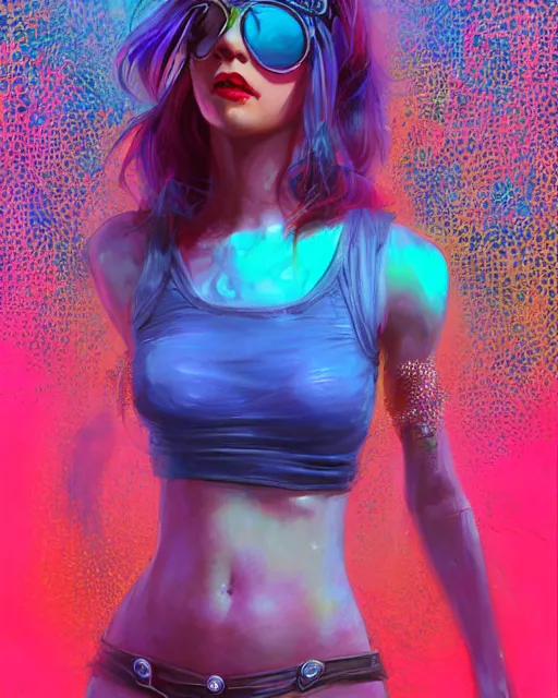 Prompt: colorful 3 / 4 body view portrait of a female hippie with round sunglasses, set in the future 2 1 5 0 | highly detailed | very intricate | symmetrical | professional model | cinematic lighting | award - winning | painted by mandy jurgens and ross tran | pan futurism, dystopian, bold psychedelic colors, cyberpunk, groovy vibe, anime aesthestic | featured on artstation