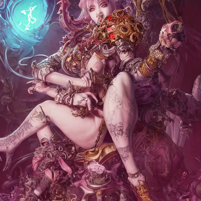 Image similar to the portrait of chaotic evil fallen sensual female necromancer overlord as absurdly beautiful, gorgeous, elegant mature idol, an ultrafine hyperdetailed illustration by kim jung gi, irakli nadar, intricate linework, bright colors, octopath traveler, final fantasy, unreal engine 5 highly rendered, global illumination, radiant light, detailed and intricate environment