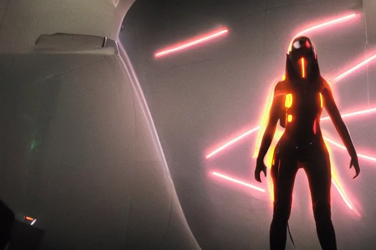 Image similar to VFX movie closeup portrait of a futuristic inhuman alien hero woman in spandex armor in future city, landing pose neon lighting by Emmanuel Lubezki