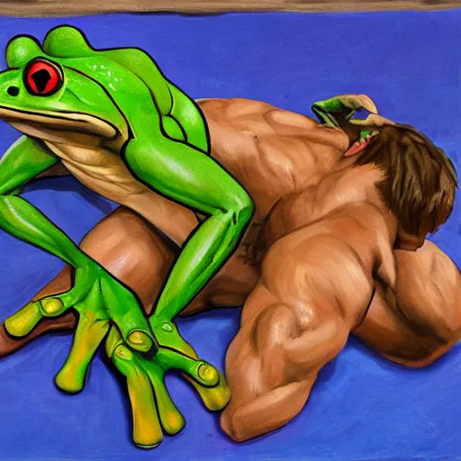 Image similar to a muscular anthro frog character suplexing an anthro toad character in a makeshift wrestling ring, dynamic, oil painting, cartoon, very detailed