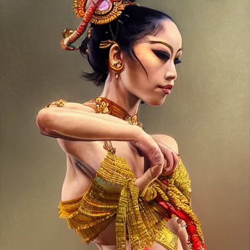 Image similar to a bali dancer, portrait, highly detailed, digital painting, artstation, concept art, sharp focus, illustration, art by artgerm and greg rutkowski and alphonse mucha