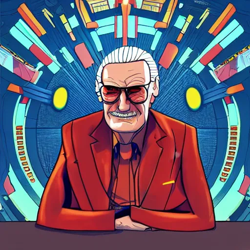 Image similar to cyberpunk stan lee as the leader of a futuristic communist nation, cybernetics, sharp lines, digital, artstation, colored in