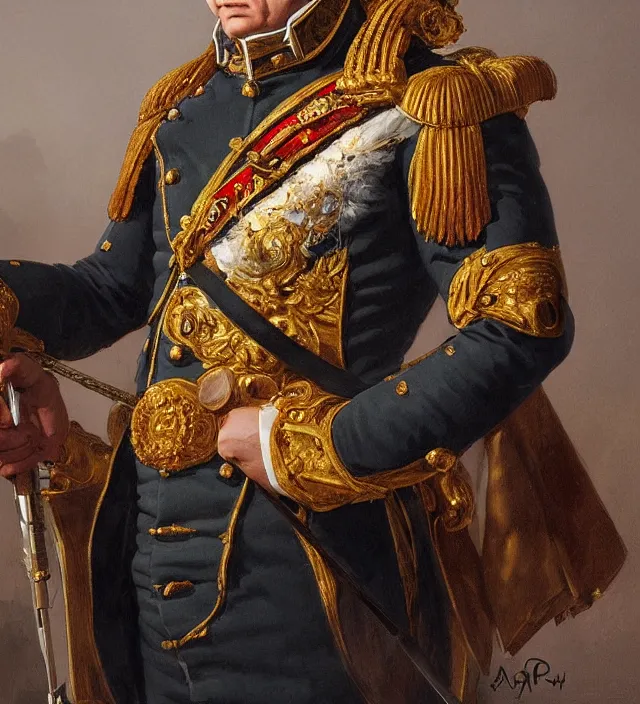 Image similar to portrait of emperor napoleon wearing a traditional nineteenth century french empire military uniform, metal shoulder pauldrons, intricate, highly detailed, digital painting, artstation, concept art, sharp focus, cinematic lighting, illustration, art by artgerm and greg rutkowski, alphonse mucha, cgsociety