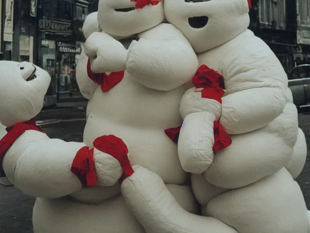 Prompt: 3 5 mm kodachrome colour photography of michelin man and stay - puft marshmallow man kissing each other, in love, taken by harry gruyaert