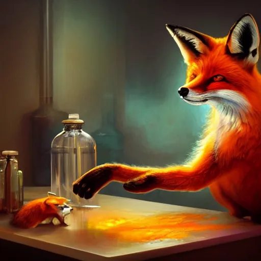 Image similar to a fox mixing chemicals in a kitchen, portrait, fantasy, beautiful face, vivid colors, elegant, concept art, sharp focus, digital art, hyper - realistic, 4 k, unreal engine, highly detailed, hd, dramatic lighting by brom, trending on artstation