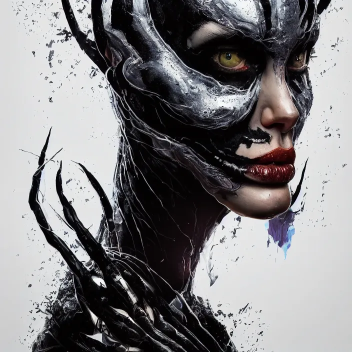 Image similar to portrait of Angelina Jolie as Venom. intricate abstract. intricate artwork. by Tooth Wu, wlop, beeple, dan mumford. octane render, trending on artstation, greg rutkowski very coherent symmetrical artwork. cinematic, hyper realism, high detail, octane render, 8k, iridescent accents