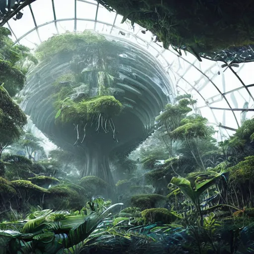 Prompt: epic, ultra detailed, hyper - real alien jungle by greg rutkowski inside a giant fractal dome by zaha hadid