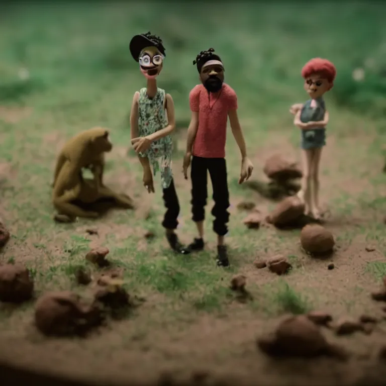 Image similar to a cinematic film still of a claymation stop motion film starring outkast, shallow depth of field, 8 0 mm, f 1. 8