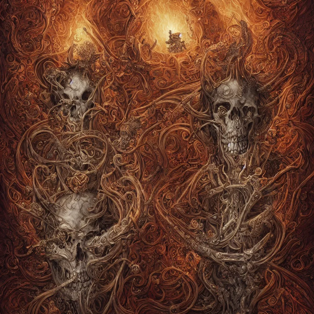 Image similar to A beautiful detailed orixa, tarot card, by tomasz alen kopera and Justin Gerard, symmetrical features, ominous, magical realism, texture, intricate, ornate, royally decorated, skull, skeleton, whirling smoke, embers, red adornements, red torn fabric, radiant colors, fantasy, trending on artstation, volumetric lighting, micro details, 3d sculpture, ray tracing, 8k, anaglyph effect