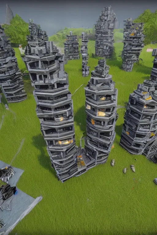 Image similar to building a base in valheim, brutalist architecture, in the style of the PC game Valheim