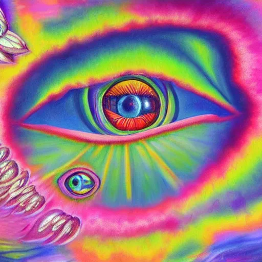Image similar to painting of an eye surrounded by dmt visuals with angels in the background 4 k quality super realistic
