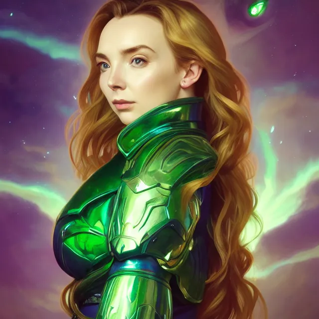 Image similar to close up portrait of jodie comer wearing shiny emerald armor, glowing blonde hair, glowing green eyes, glowing green armor, subsurface scattering, ethereal, artistic, temple background with light rays, fantasy atmosphere. art by artgerm, greg rutkowski and alphonse mucha, 3 d artstation octane render,