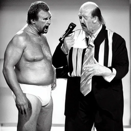 Prompt: dangerous wwf superstar big jim collins, yelling into a microphone at the camera. nearby, gene okerlund looks scared.