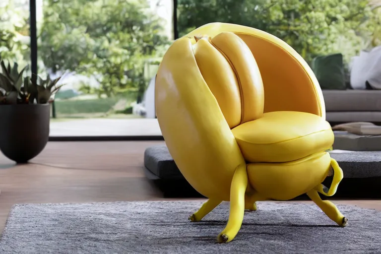 Prompt: a banana is sitting in an apple shaped chair, catalog photo