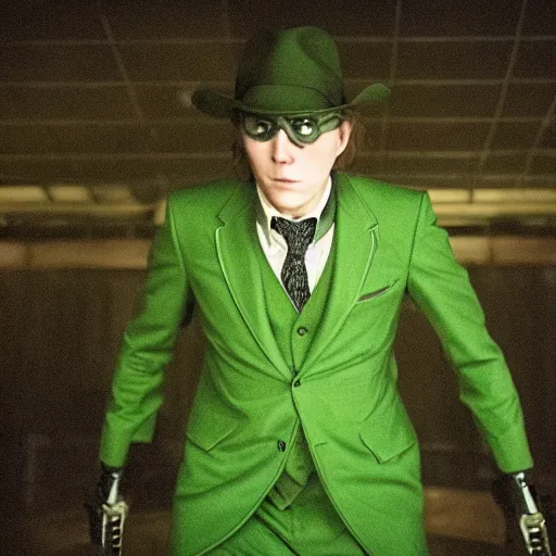 Image similar to film still of Paul Dano as Riddler in a green suit and tie and green fedora in The Batman, 4k, dark lighting, film noir, grainy, dark tone