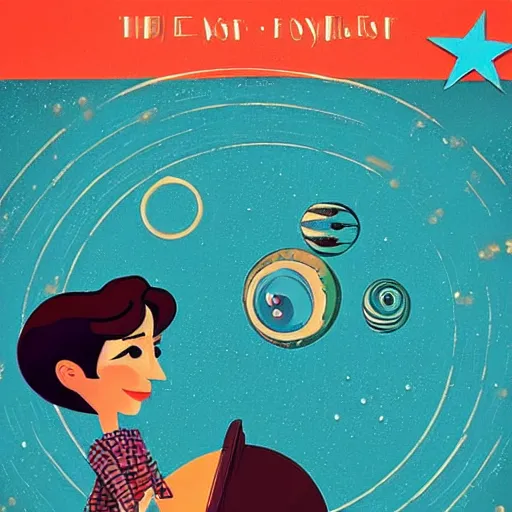 Image similar to “1950s art deco of the movie ‘Coraline’ under planets and stars in the background, retro poster, teal palette.”