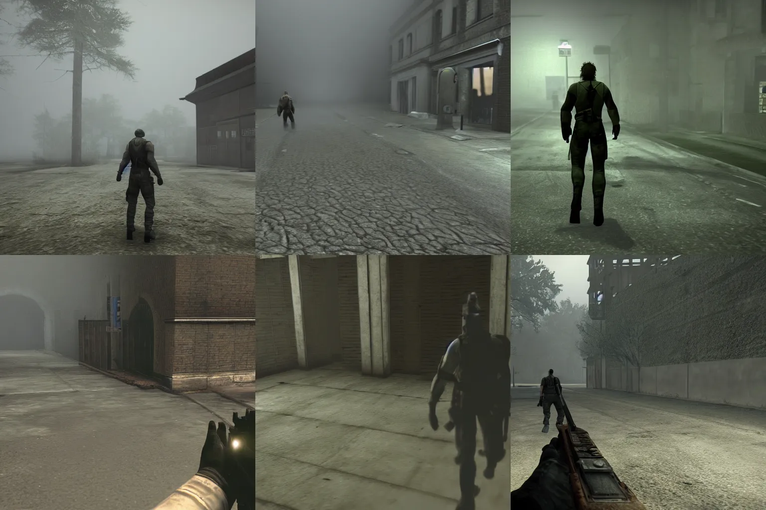 Prompt: Solid Snake sneaks around Silent Hill, foggy, ingame screenshot