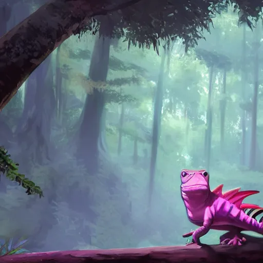 Image similar to concept art painting of an anthropomorphic lizard wearing magenta wizard robes, in the deep forest, realistic, detailed, cel shaded, in the style of makoto shinkai and greg rutkowski and james gurney