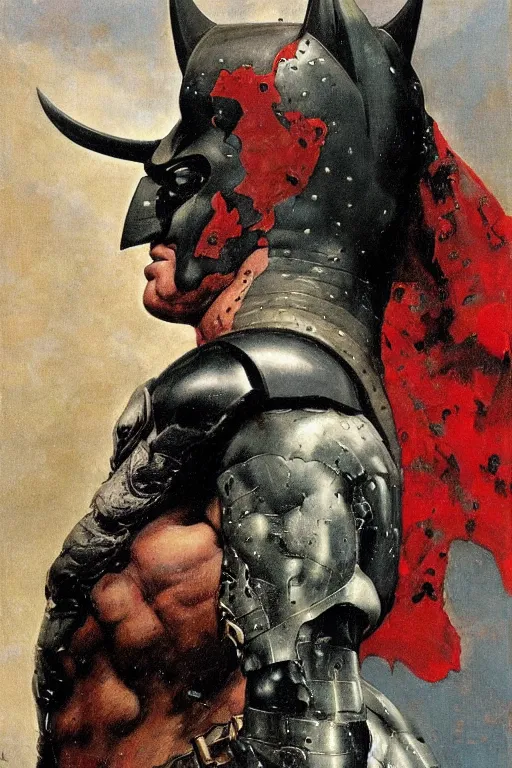 Image similar to upper body and head portrait of hulking brock lesnar as evil batman wearing cape and armour, painted by lawrence alma tadema, zdzislaw beksinski, norman rockwell, jack kirby, tom lovell, greg staples