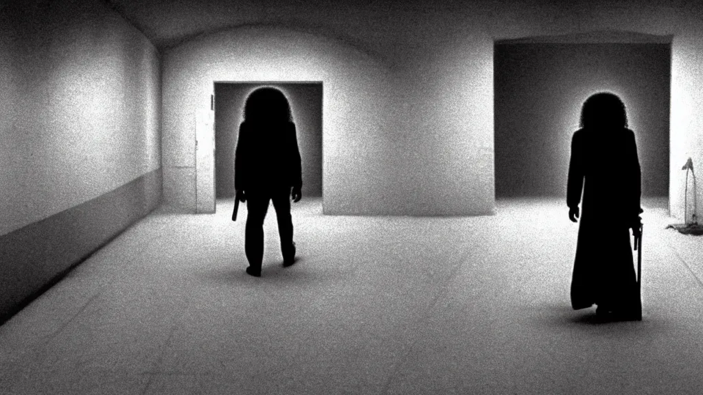 Image similar to photo from distance of a black man with long curly hair, carrying a electric guitar, walking out of from the past door, film still from the movie directed by Denis Villeneuve with art direction by Zdzisław Beksiński, wide lens