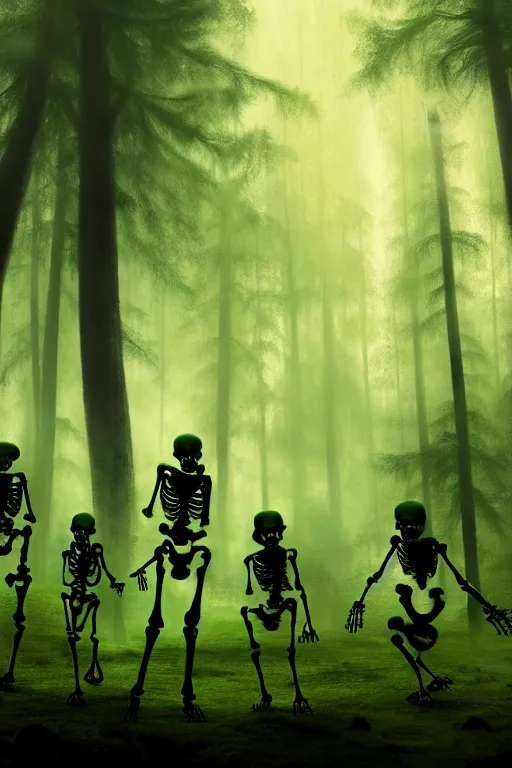 Image similar to four skeletons made of green magic luminous smoke are playing musical instruments. the background is misty forest, full of green swirling smoke, harry potter, death eaters, dementors, craig mullins, albert bierstadt, greg rutkowski, tarkovski, realistic, highly detailed, artstation, early morning, atmospheric, aestetic, moody