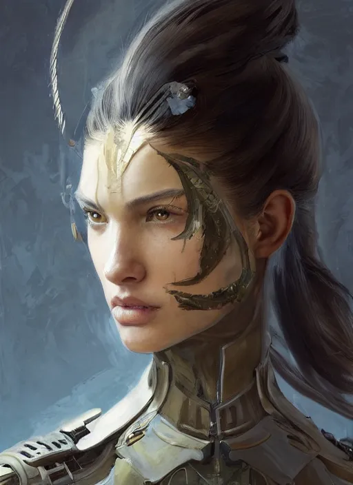 Image similar to a professional painting of a beautiful young female, clothed in military armor, olive skin, long dark hair, beautiful bone structure, symmetrical facial features, intricate, elegant, digital painting, concept art, smooth, sharp focus, illustration, from Metal Gear, by Ruan Jia and Mandy Jurgens and Artgerm and William-Adolphe Bouguerea