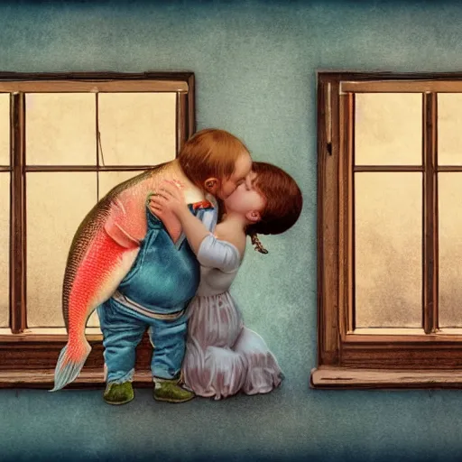 Image similar to the same style. the most beautiful little fat sweet girl is kissing a huge colorful cute fish. modern etching. colored print. hype realistic scene. old photography style. studio lighting. window. 3 d, octane render, deep focus, zbrush