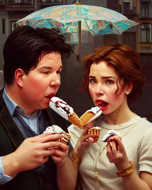 Image similar to Portrait of a  Anya Amasova and Michael mcintyre eating ice creams in Porto,real life skin, intricate, elegant, highly detailed, artstation, concept art, smooth, sharp focus, art by artgerm and greg rutkowski and alphonse mucha