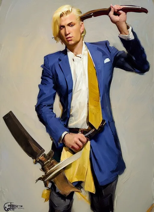 Image similar to greg manchess portrait painting of a blond man in a blue suit with a sword and a pistol, asymmetrical, profile picture, organic painting, sunny day, matte painting, bold shapes, hard edges, street art, trending on artstation, by huang guangjian, gil elvgren, ruan jia, randy vargas, greg rutkowski