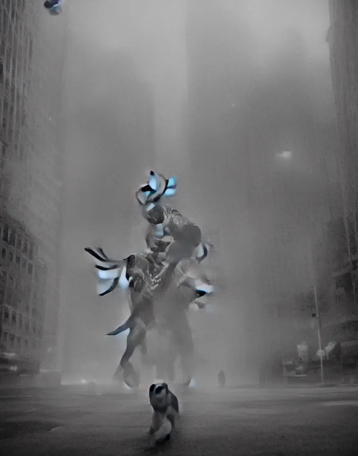 Image similar to very low - resolution found footage of a couple escaping in the city from a starfish kaiju monster, fog, foggy, korean film noir, monochrome, red hue, thriller, underdeveloped, epic, dramatic