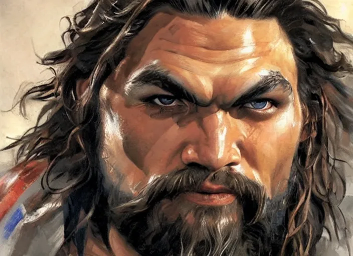 Image similar to a highly detailed beautiful portrait of jason momoa as kratos, by gregory manchess, james gurney, james jean