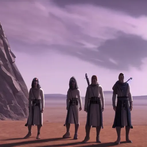 Image similar to a group of Jedi on the planet Felucia, cinematic