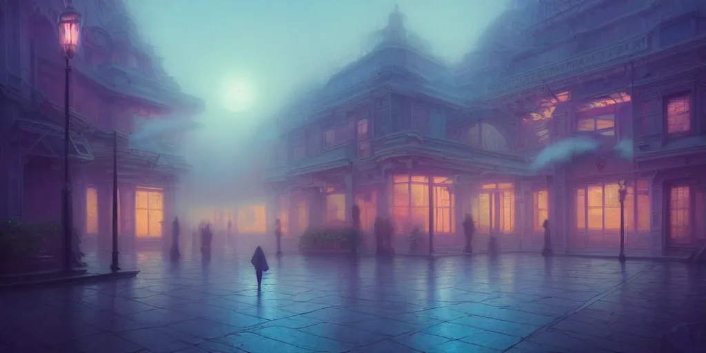 Prompt: concept art of a vaporwave palace made of pizza, illuminated fog, depth of field, cinematic lights, deep focus, intricate, elegant, highly detailed, foggy, mysterious, digital painting, artstation, concept art, matte, sharp focus, art by artgerm and greg rutkowski and alphonse mucha