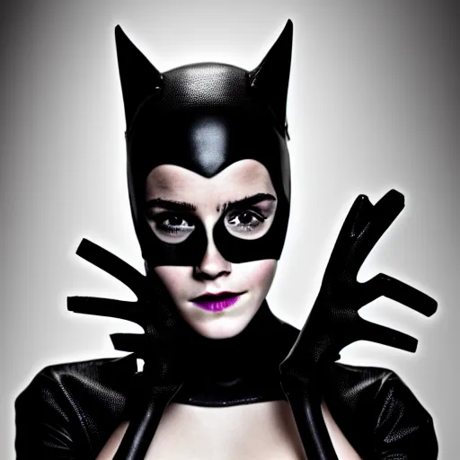 Image similar to A portrait of Emma Watson as Catwoman, studio lighting