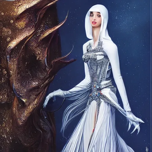 Image similar to a beautiful arabian woman wearing a futuristic dress by alexander mcqueen, thom browne, karol bak, ayami kojima, artgerm, arabian beauty, blue eyes, smile, concept art, fantasy