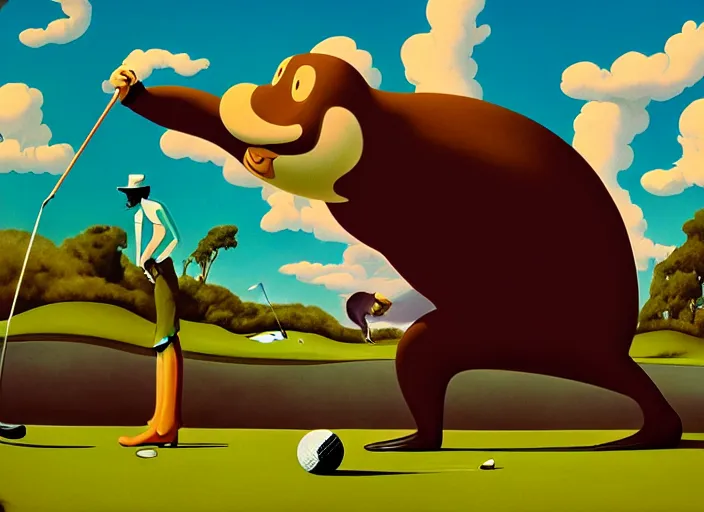 Prompt: matte sharp painting, surrealist, a walrus playing golf, juxtapoz, artforum, gary baseman, preston blair, tex avery, dan mumford, pedro correa